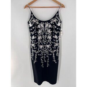 NWT Maggy London Women's 4 Black Dress White Floral Embroidered Beaded Straps